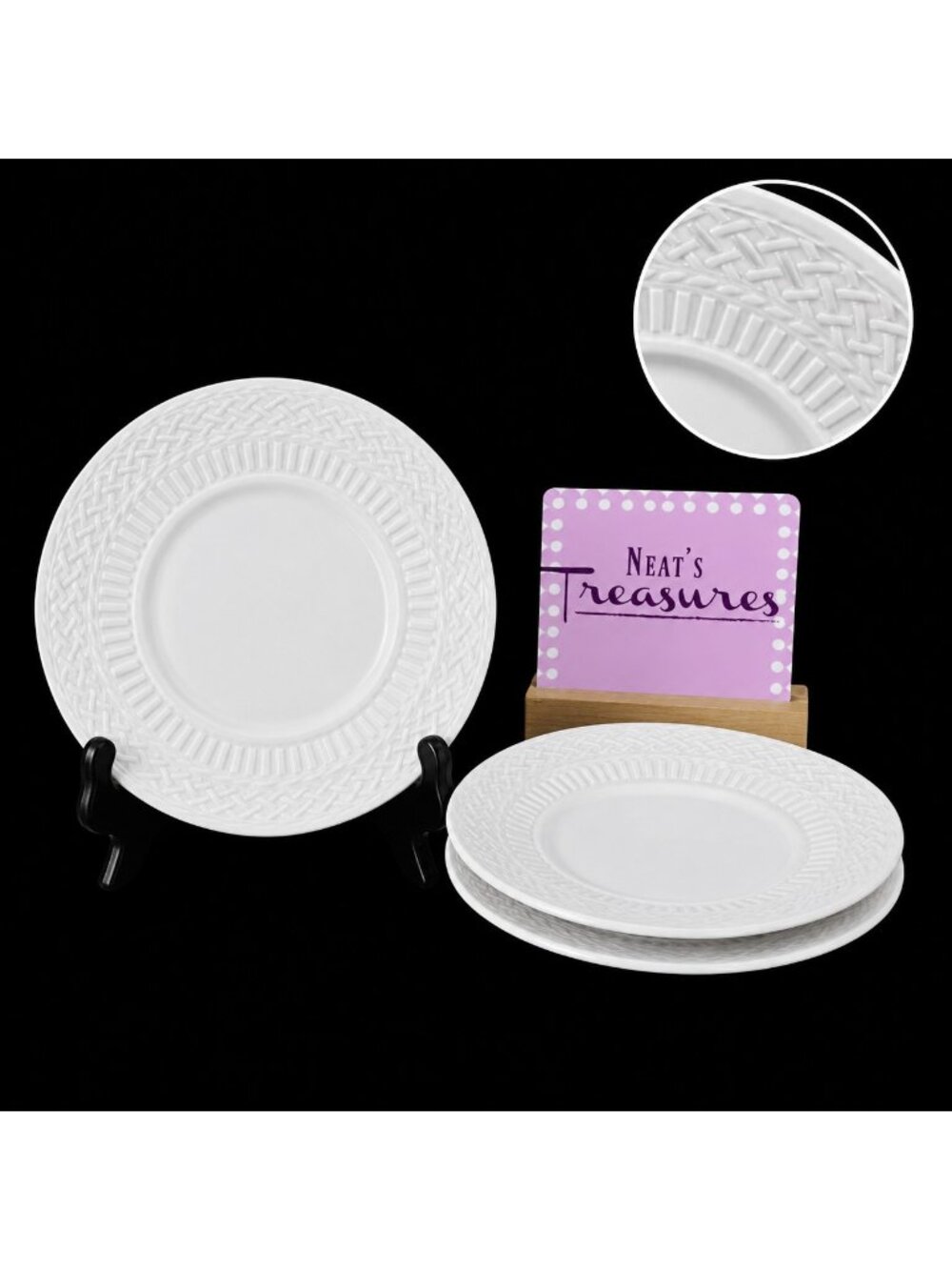 Livingquarters LIQ10 White Embossed Basketweave Lines Round 6.25" Saucers Set 3
